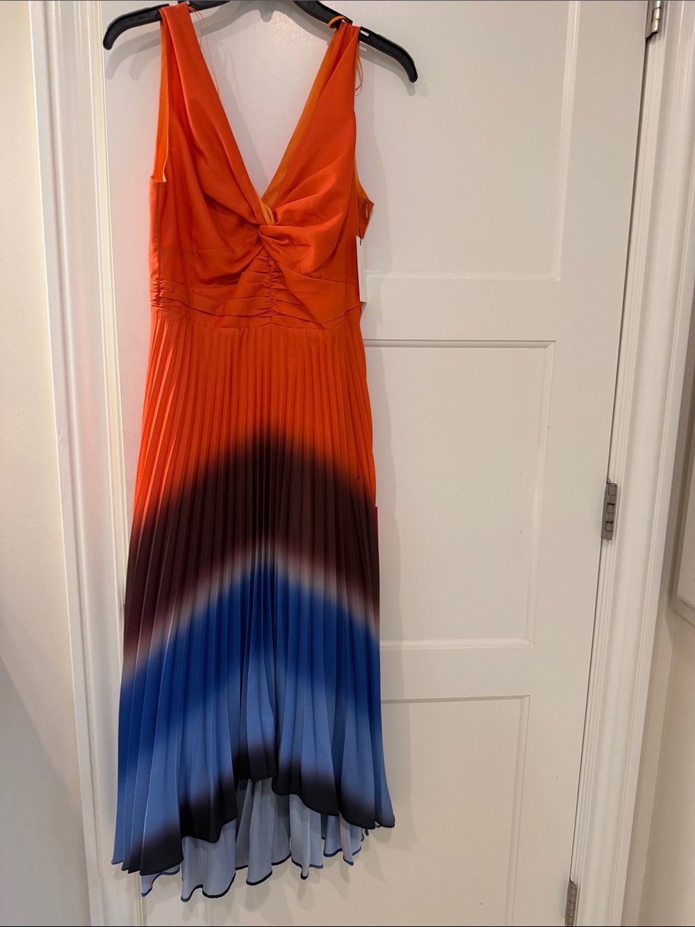Adelyn Rae Orange to Blue Ombre Pleated V-Neck Dress
